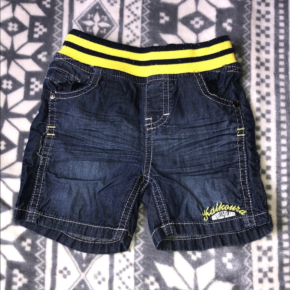 Boys Dark Blue Denim-Look Shorts with Yellow elastic Stripe Waistband